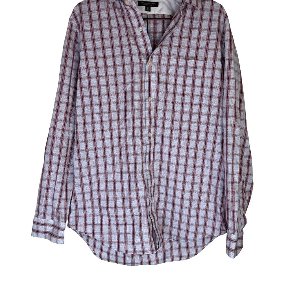 Banana Republic Shirt Mens Medium Red White Blue Plaid Non-Iron Classic Fit Long
